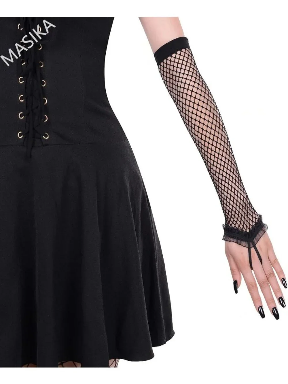 Women's Black Long Fishnet Fingerless Mesh Ruffle Trim Gothic Party Gloves